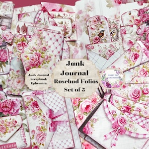 Rosebud Folio、紙、ファイル フォルダー、ポケット、キット、デジタル、ダウンロード、印刷可能、ジャンク ジャーナル、コラージュ、スクラップブック、用品、エフェメラ