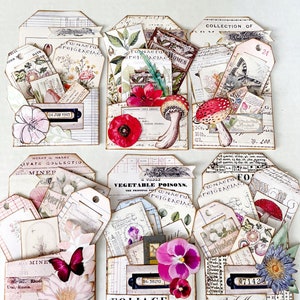 May include: Six vintage-style paper tags with a botanical theme. Each tag features a different design with images of flowers, mushrooms, butterflies, and foliage. The tags are decorated with text, including "Collection of", "Vegetable Poisons", "Foliage", and "Butterflies".