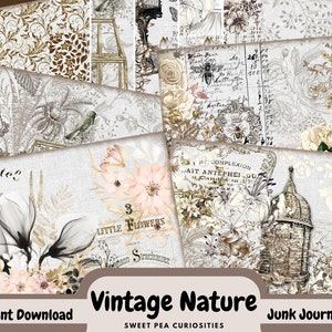 Junk Journal, Digitaal, Download, Afdrukbaar, Vintage, Natuur, Collage, Scrapbook, Junk Journal Supplies, Ephemera, Papier, Botanisch, kit, Pack