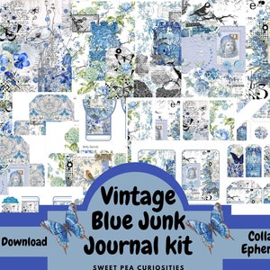Junk Journal kit, Vintage blue, Junk Journal ephemera, Ephemera, Junk Journal, Mixed Media, Vintage paper, Printable, Journal pages