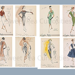 May include: Eight vintage fashion illustrations of women's clothing designs. The illustrations are in black and white and feature different styles of dresses, skirts, and tops. The illustrations are labeled with the designer's name, "Creators Studios", and a design number.