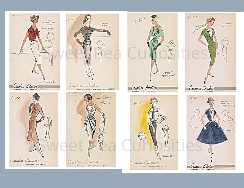 May include: Eight vintage fashion illustrations of women's clothing designs. The illustrations are in black and white and feature different styles of dresses, skirts, and tops. The illustrations are labeled with the designer's name, "Creators Studios", and a design number.