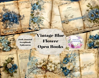 Junk Journal, Vintage Blue Flower, Printable, Digital, Download, Junk Journal kit, Collage, Scrapbook, Open Book, Pack, Ephemera, Supplies