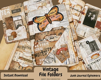 9, Vintage,Paper, File Folders, Pockets, Tags, Kit, Digital, Download, Printable, Junk Journal, Collage, Scrapbook, Supplies, Ephemera