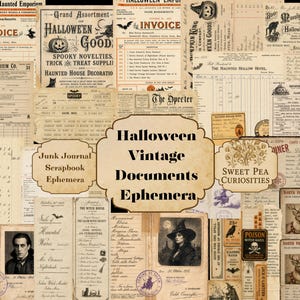 May include: A collection of vintage-style Halloween ephemera featuring aged paper documents, invoices, and labels. The collage includes illustrations of pumpkins, bats, cats, and witches, with text such as Halloween Vintage Documents Ephemera.