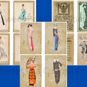 Pu&ograve; includere: Un collage di immagini vintage con illustrazioni di moda degli anni '20. Le immagini mostrano donne che indossano abiti, cappelli e cappotti in vari stili. Le immagini sono stampate su carta invecchiata con uno sfondo crema.