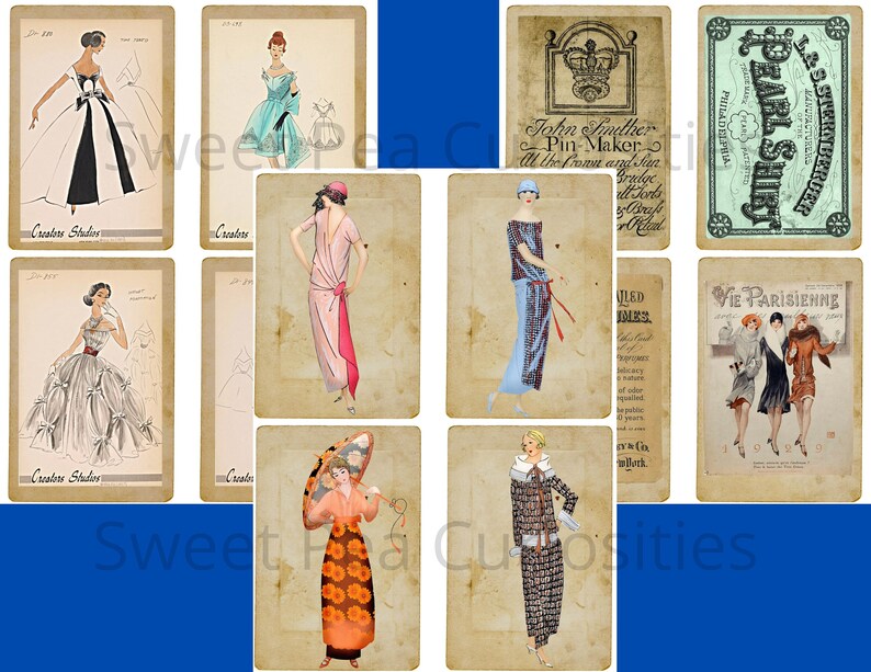 Pu&ograve; includere: Un collage di immagini vintage con illustrazioni di moda degli anni '20. Le immagini mostrano donne che indossano abiti, cappelli e cappotti in vari stili. Le immagini sono stampate su carta invecchiata con uno sfondo crema.