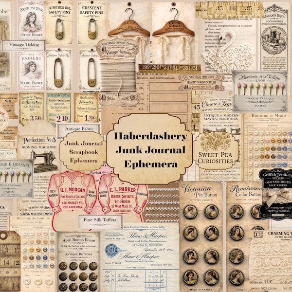 Haberdashery, Journal Printable, Junk Journal Kit, Digital Download, Ephemera, Journal Pages, cottagecore, Vintage, Sewing, Shabby Chic