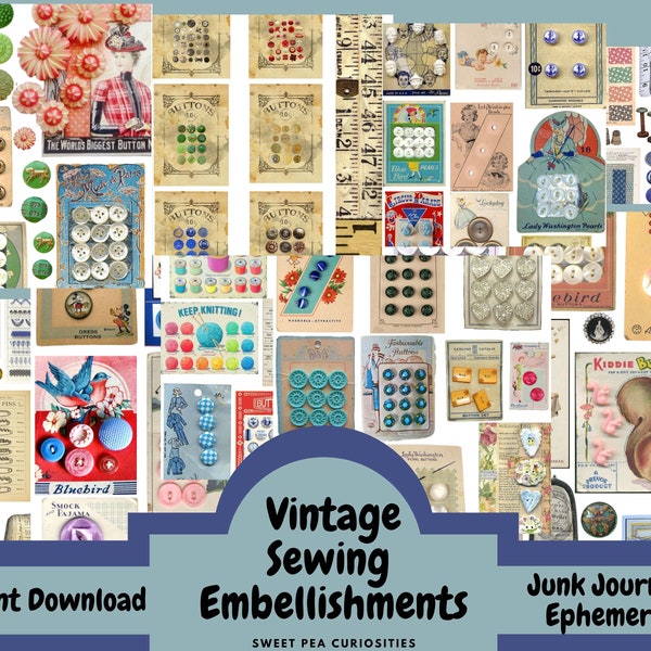 Junk Journal kit, Sewing Ephemera, Junk Journal, Vintage paper, Sewing, Buttons, Printable paper, Ephemera, Download, Collage sheets