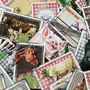 80 tarjetas, estilo granja, tarjetas para diario basura, efímeras, caballos, gallinas, vacas, suministros para diario basura, digitales, descargables, imprimibles, collage