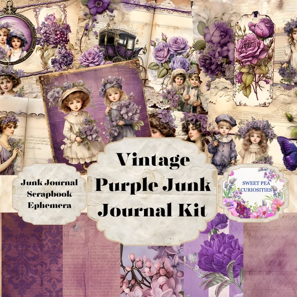 Junk Journal, Purple, Roses, Flowers, Lavender, Vintage, Ephemera, Kit, Sweet Pea Curiosities, Printable, Digital Download, Craftkit, Paper