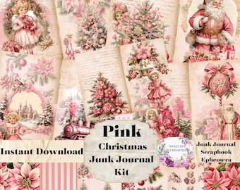 Junk Journal Kit, Junk Journal, Printable, Digital, Download, Junk Journal ephemera, Collage, Scrapbook, Christmas, Pink Christmas, Vintage