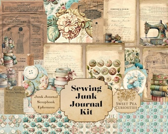 Diário de Costura, Imprimível, Download, Digital, Kit Diário de Costura, Enfeites, Suprimentos, Kit, Objetos Efêmeros, Colagem, Vintage, Scrapbook