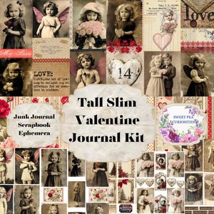 Valentine, Love, Tall Slim, Junk Journal Kit, Digitaal, Download, Afdrukbaar, Junk Journal, Hart, Collage, Plakboek, Kortstondige, Papier