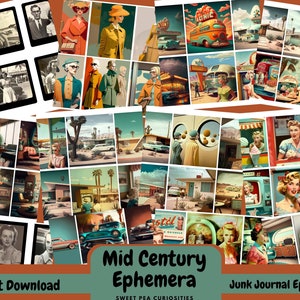 Puede incluir: Un collage digital de imágenes modernas de mediados de siglo, que incluyen coches retro, restaurantes y personas con ropa vintage. El collage está etiquetado como "Mid Century Ephemera" y "Junk Journal Ephemera".