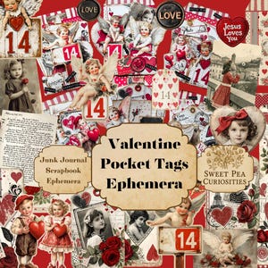 Valentine, Pocket Tags,, Junk Journal Kit, Digital, Download, Printable, Junk Journal, Hearts, Collage, Scrapbook, Ephemera, Paper