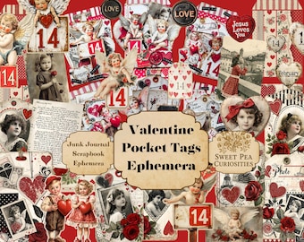 Valentine, Pocket Tags,, Junk Journal Kit, Digital, Download, Printable, Junk Journal, Hearts, Collage, Scrapbook, Ephemera, Paper