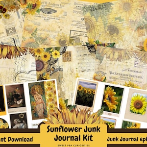 Junk Journal, Digital, Télécharger, Imprimable, Tournesol, vintage, Nature, Collage, Scrapbook, Junk Journal Supplies, Éphémère, Papier, kit, Pack