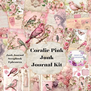 Coralie Pink、ジャンク ジャーナル キット、デジタル、ダウンロード、印刷可能、ジャンク ジャーナル、コラージュ、スクラップブック、エフェメラ、紙、ファイル フォルダー、ポケット、タグ