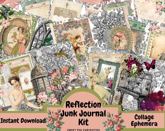 Reflection, Junk journal kit, Digital, Download, Collage, tags, scrapbook, junk journal pack, ephemera, wallpaper, floral, vintage paper