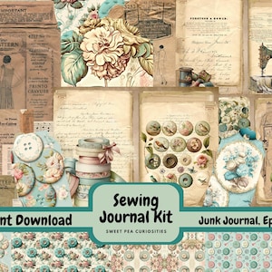 Nähen von Junk Journal, Printable, Download, Digital, Junk Journal Kit, Verzierungen, Zubehör, Kit, Ephemera, Collage, Vintage, Scrapbook