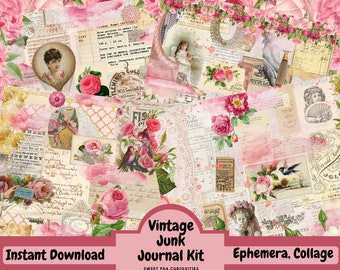 Vintage, Junk Journal Kit, Ephemera, Collage, Digital, Download, Printable, Junk Journal Supplies, Papers, Pockets, Tags, Embossed, Journal