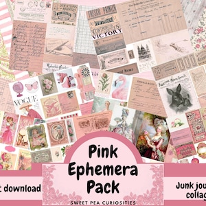 Pink Ephemera, Collage paper, Junk Journal, Mixed Media, Ephemera, Digital kit, Printable, Journals, Vintage Paper, Scrapbook,paper, vintage image 1