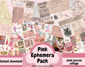 Pink Ephemera, Collage paper, Junk Journal, Mixed Media, Ephemera, Digital kit, Printable, Journals, Vintage Paper, Scrapbook,paper, vintage