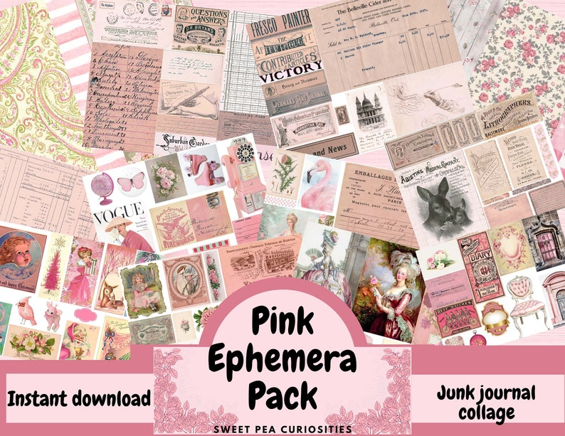 Pink Ephemera, Collage paper, Junk Journal, Mixed Media, Ephemera, Digital kit, Printable, Journals, Vintage Paper, Scrapbook,paper, vintage image 1