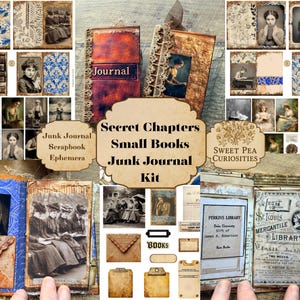 Könnte beinhalten: Eine Sammlung von Ephemera im Vintage-Stil, kleinen Büchern und einem Journal. Das Set enthält Scrapbook-Elemente, alte Fotografien und dekorative Papierstücke. Das Journal trägt das Wort "Journal" auf dem Einband.