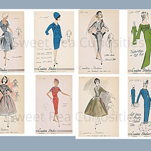 May include: Eight vintage fashion illustrations featuring women's clothing designs. The illustrations are in black and white with colored accents. The designs include a green dress, a blue dress, a red dress, a green skirt and jacket, a blue skirt and jacket, a gray skirt and jacket, a blue dress with white trim, and a green dress with white trim. The illustrations are labeled with the designer's name, "Creators Studios", and a design number.