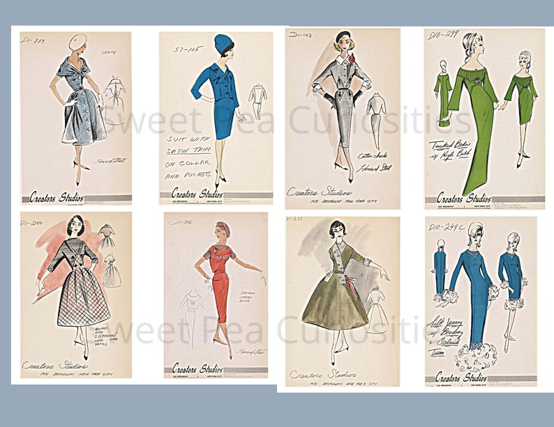 May include: Eight vintage fashion illustrations featuring women's clothing designs. The illustrations are in black and white with colored accents. The designs include a green dress, a blue dress, a red dress, a green skirt and jacket, a blue skirt and jacket, a gray skirt and jacket, a blue dress with white trim, and a green dress with white trim. The illustrations are labeled with the designer's name, "Creators Studios", and a design number.