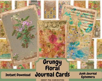 Grungy, Floral, Cards, Digital, Download, Printable, Junk Journal, Collage, Scrapbook, Junk Journal Supplies, Ephemera, Vintage, Wallpaper