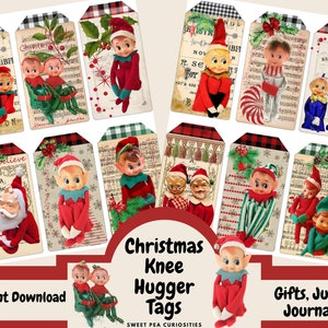 Christmas Knee Hugger, Tags, Cadeaux, Junk journal, collage, scrapbook, vintage, rétro, elfes, père Noël, kit de journal de pacotille, numérique, télécharger