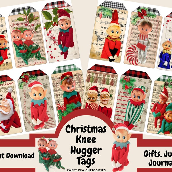 Christmas Knee Hugger, Tags, Gifts, Junk journal, collage, scrapbook, vintage, retro, elfs, santa, junk journal kit, digital, download