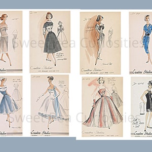 May include: A collection of eight vintage fashion sketches featuring women's dresses. The sketches are in black and white with watercolor accents. The dresses are various styles, including a-line, full skirt, and fitted. The sketches are labeled with the designer's name, "Creators Studios", and a design number.