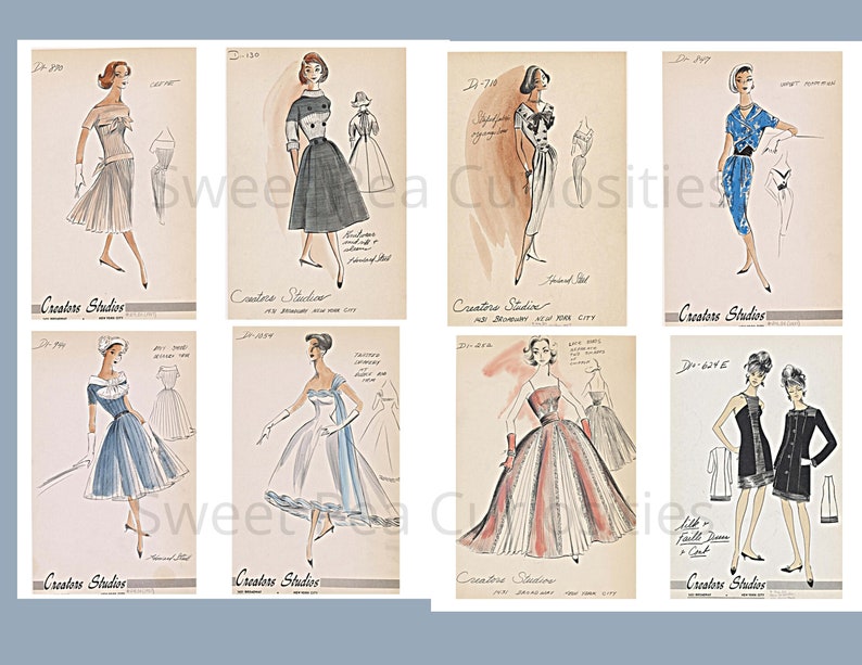May include: A collection of eight vintage fashion sketches featuring women's dresses. The sketches are in black and white with watercolor accents. The dresses are various styles, including a-line, full skirt, and fitted. The sketches are labeled with the designer's name, "Creators Studios", and a design number.