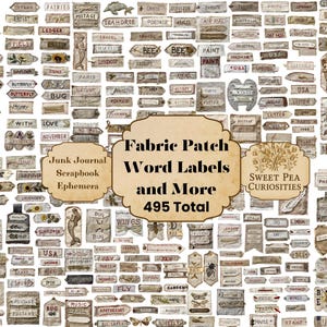 Stoff, Patch, Etiketten, Junk Journal, Vintage, bedruckbar, digitaler Download, Junk Journal Kit, Collage, Scrapbook, Pack, Ephemera, Tags