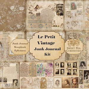 May include: A vintage junk journal kit featuring a variety of ephemera, such as floral patterns, botanical illustrations, antique photographs, and aged paper textures. The kit includes the text "Le Petit Vintage Junk Journal Kit".