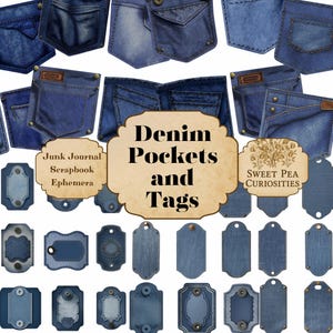 Imprimable, téléchargement, numérique, bleu, denim, journal indésirable, fournitures, étiquettes, pochettes, étiquettes, éphémères, collage, vintage, papiers, scrapbooking