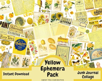 Yellow Ephemera, Collage paper, Junk Journal, Mixed Media, Ephemera, Digital kit, Printable, Journals, Vintage Paper, Scrapbook,paper