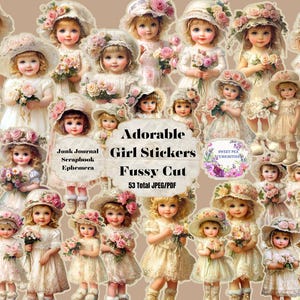 Meninas adoráveis, FUSSY CUTS, Junk Journal, Cricut, Adesivos, Shabby Chic, Para impressão, Download digital, Flores, Ephemera