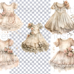 May include: Five vintage-style, cream-colored, ruffled dresses with lace trim and floral embellishments. The dresses are arranged in a collage on a checkered background.