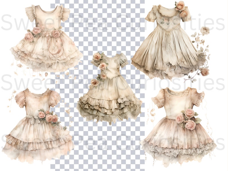 May include: Five vintage-style, cream-colored, ruffled dresses with lace trim and floral embellishments. The dresses are arranged in a collage on a checkered background.
