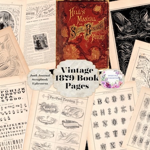 1879 Strony książek vintage, Ephemera, Dziennik śmieciowy, papier vintage, pakiet ephemera, zestaw dziennika śmieciowego, artykuły do dziennika śmieciowego, technika mieszana, dziennik