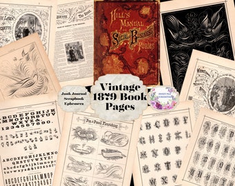 Páginas de livros antigos de 1879, itens efêmeros, diário de sucata, papel antigo, pacote de itens efêmeros, kit de diário de sucata, suprimentos para diário de sucata, mídia mista, diário