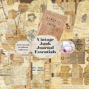 May include: A collage of vintage ephemera, including old newspaper clippings, advertisements, and postcards, with the text "Vintage Junk Journal Essentials" in the center.