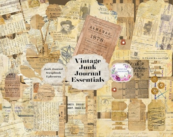 Op de afbeelding: Een collage van vintage ephemera, waaronder oude krantenknipsels, advertenties en ansichtkaarten, met de tekst "Vintage Junk Journal Essentials" in het midden.