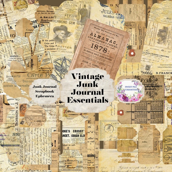 Junk Journal, essentials, Printable, Download, Digital, Junk Journal Supplies, ephemera, Vintage, Paper, Scrapbook, Collage, Kit, pack