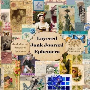 Puede incluir: Un collage de efímeras vintage para diarios basura y scrapbooking. El diseño incluye retratos antiguos, patrones florales, mariposas y el texto "Layered Junk Journal Ephemera" y "Sweet Pea Curiosities".